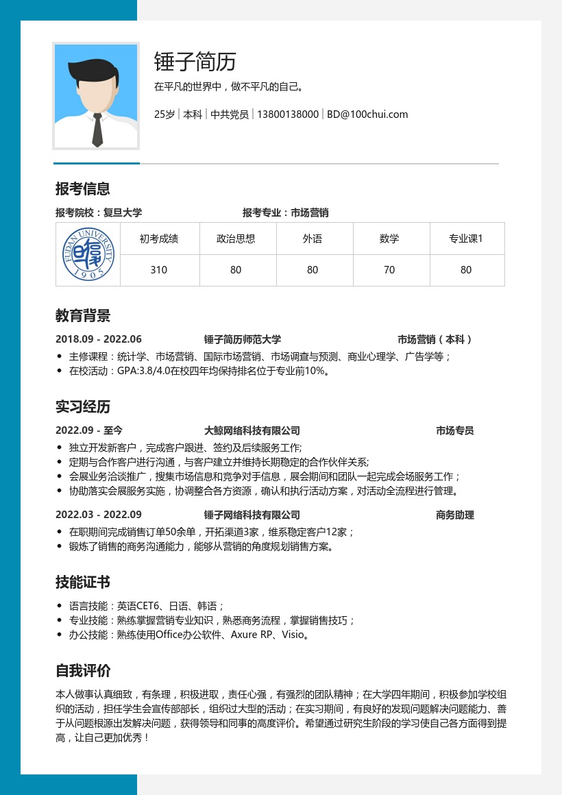 销售岗位专业考研复试简历