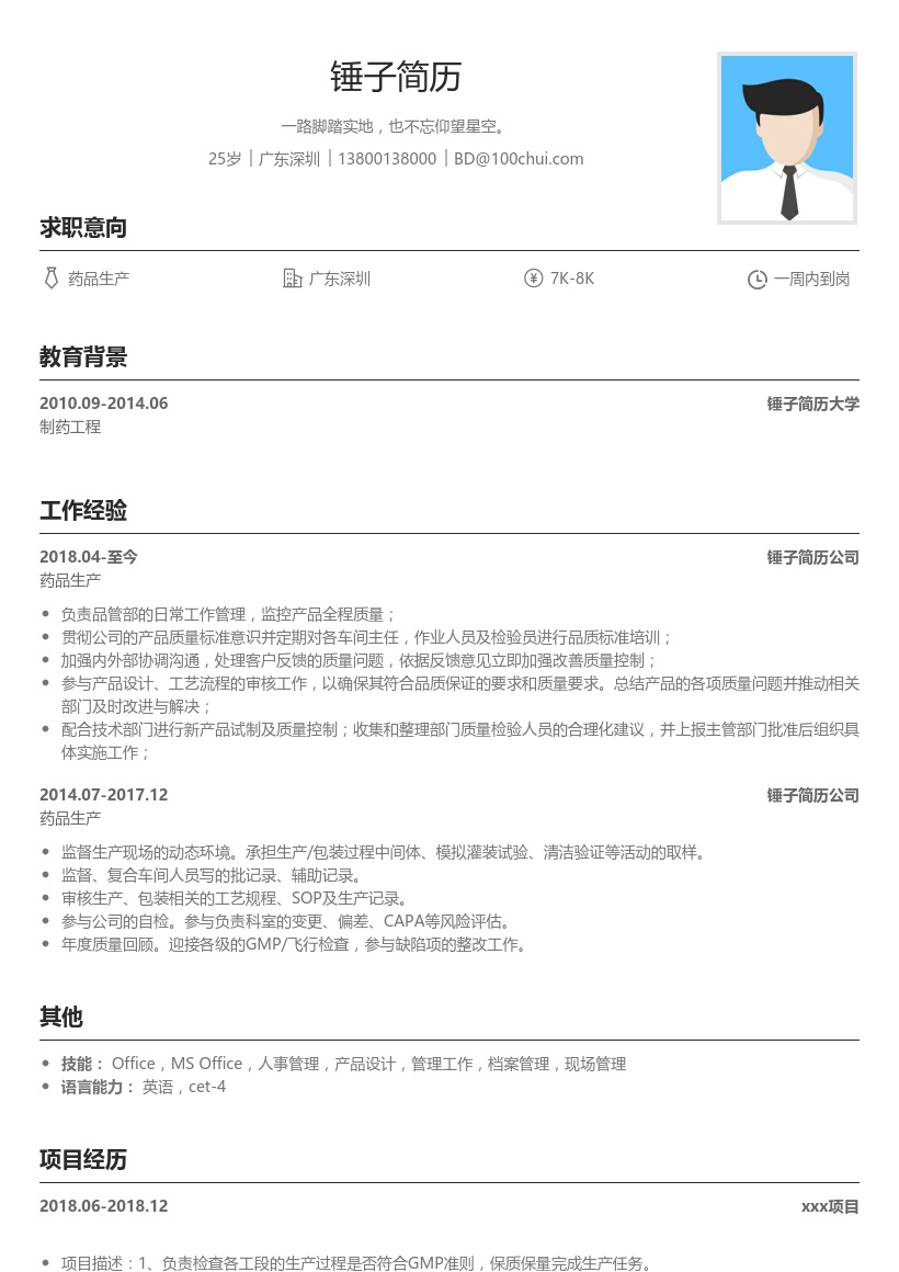 药品生产简历模板