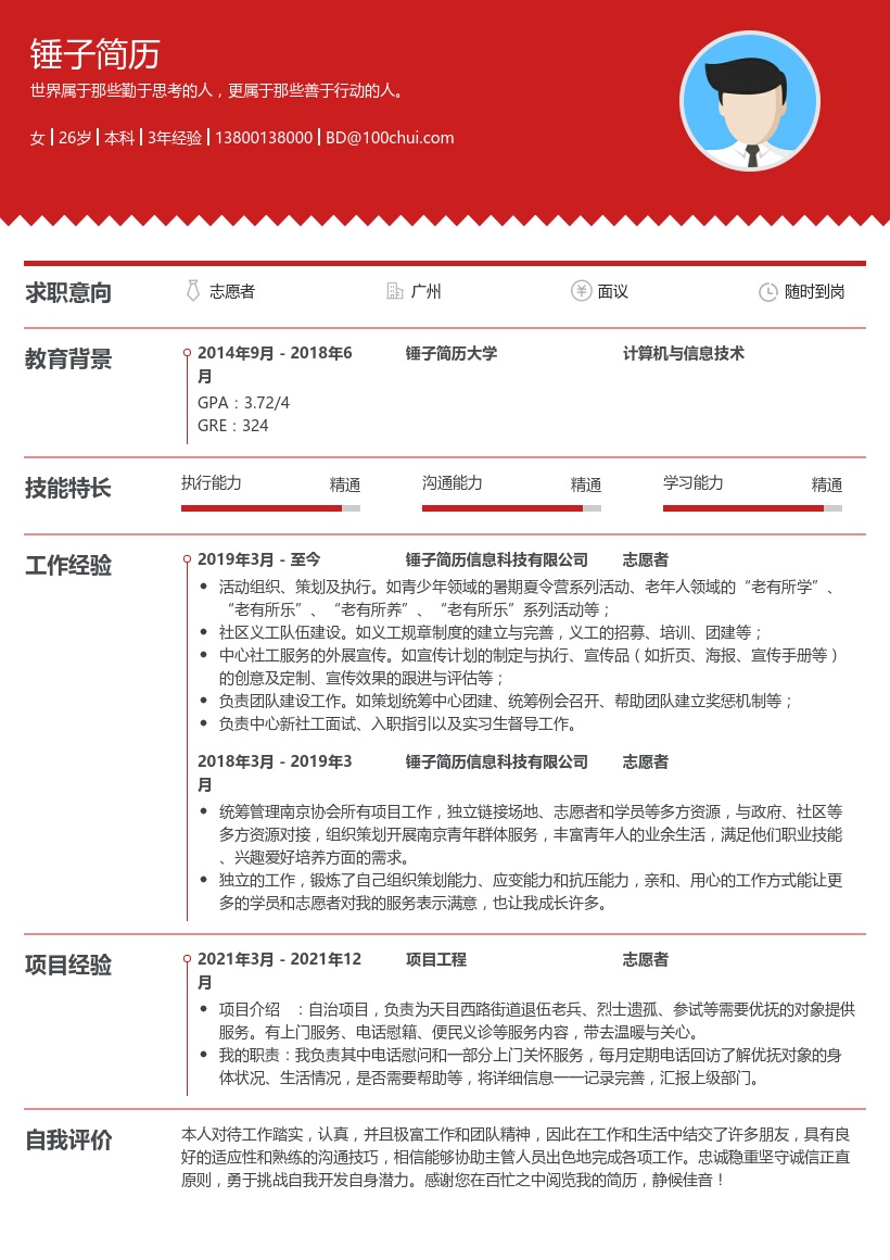 志愿者个人简历模板