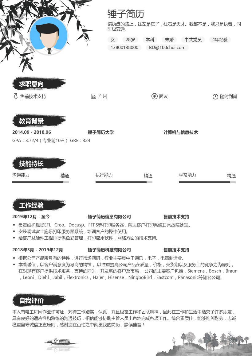 售前技术支持个人简历