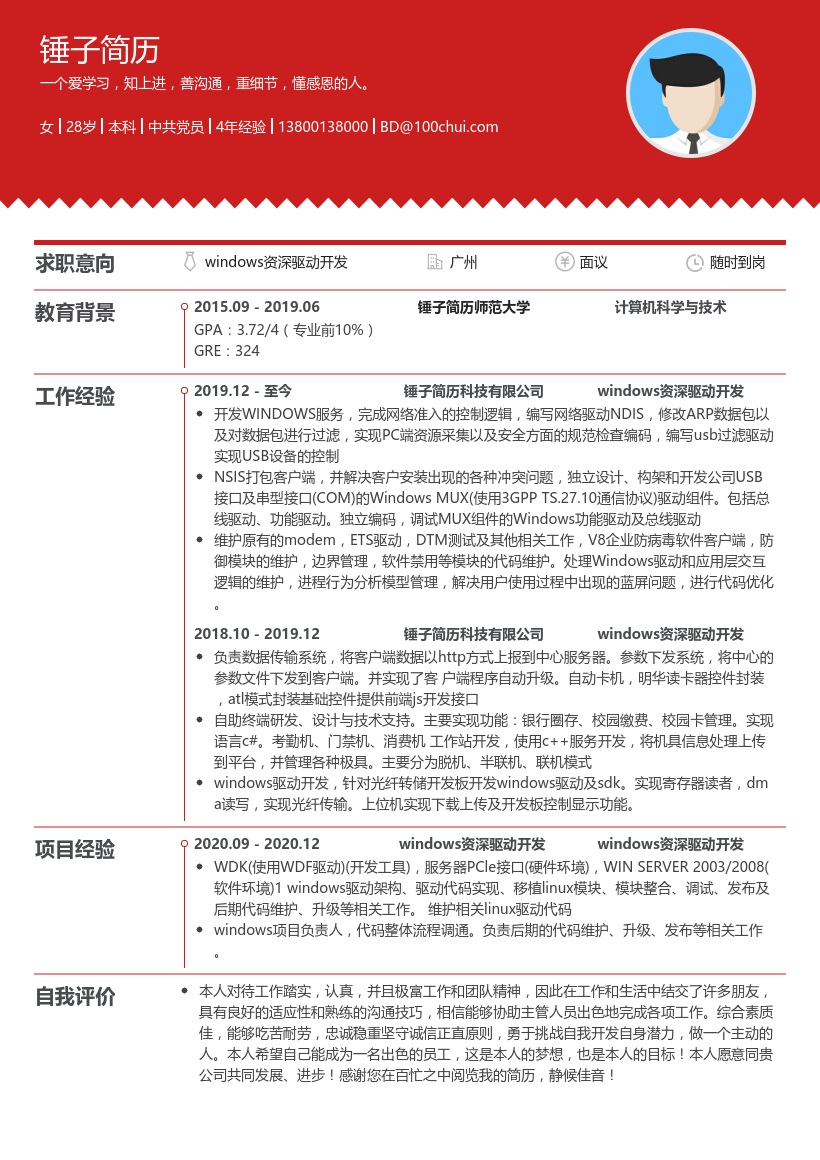 windows资深驱动开发工程师简历