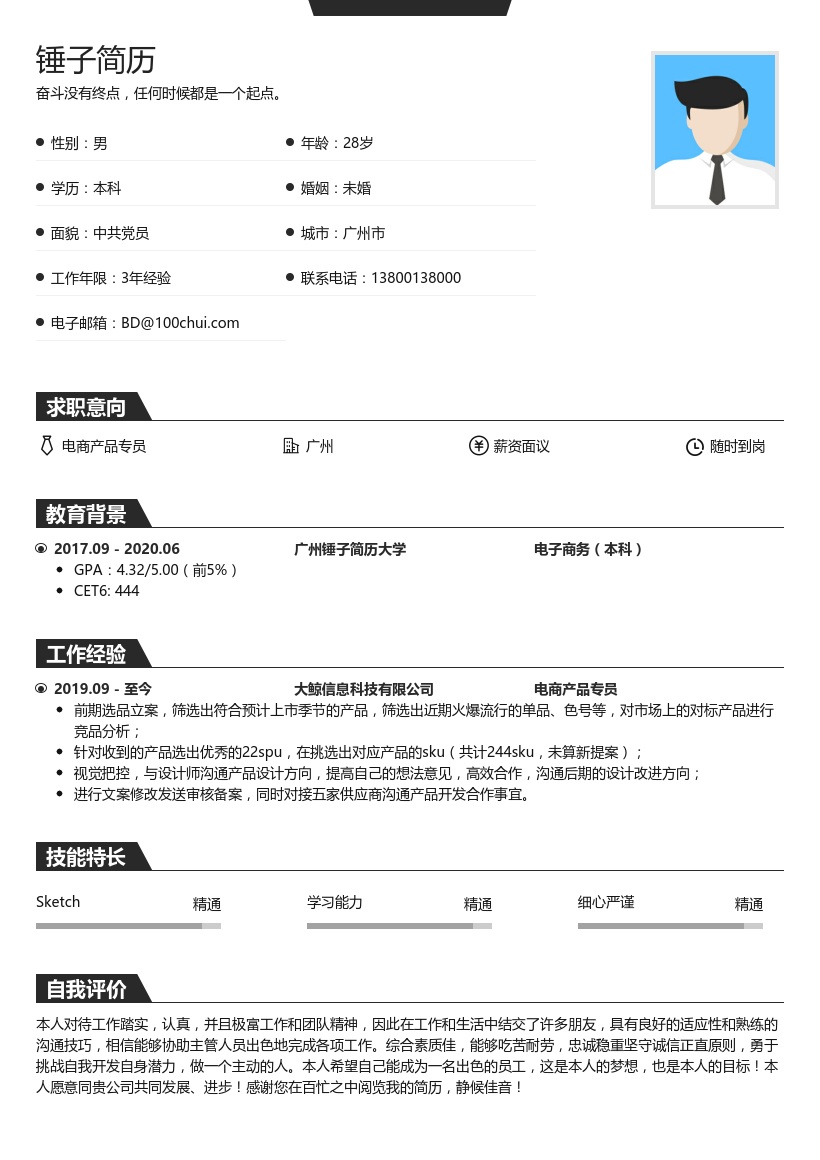 电商产品专员简历模板