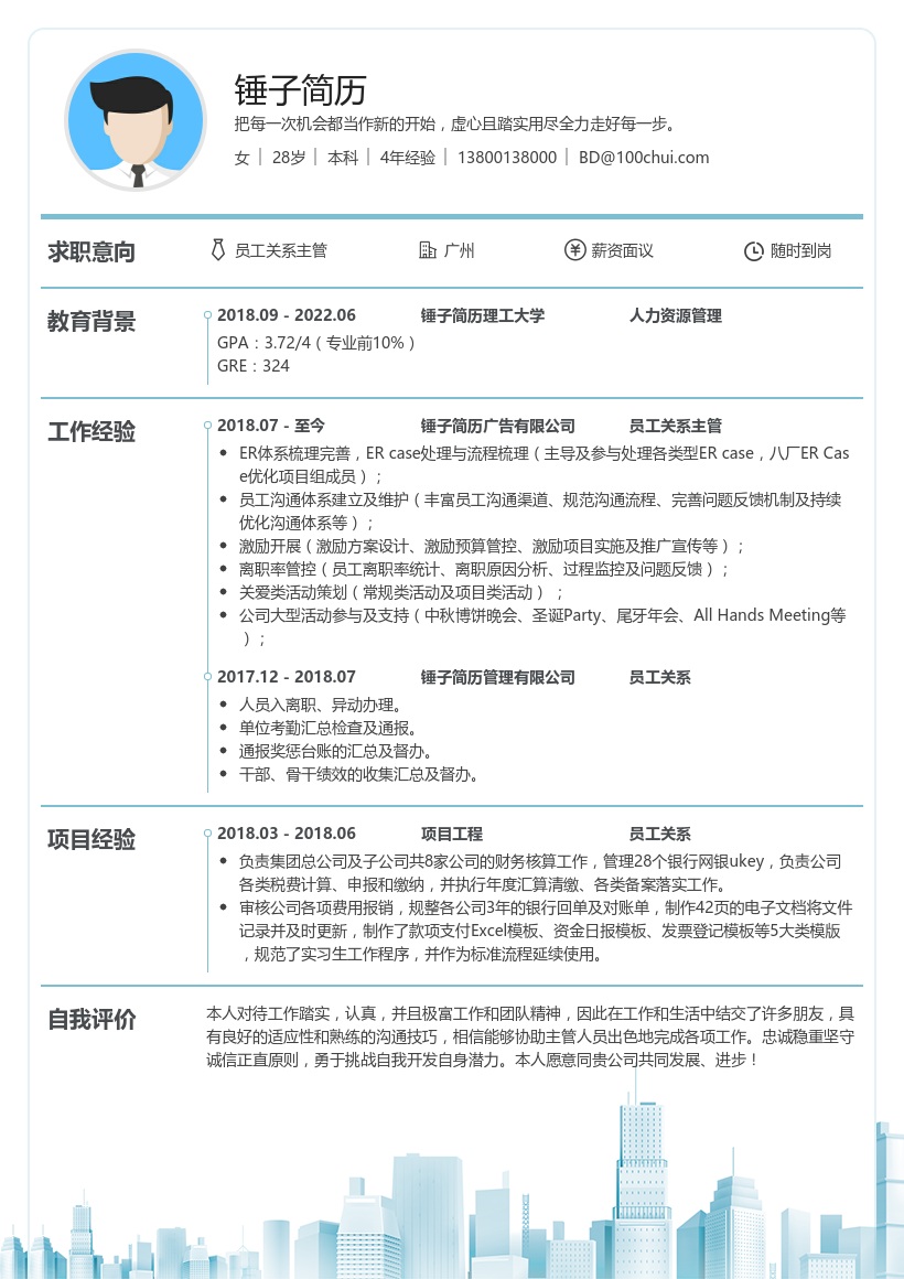 员工关系主管简历