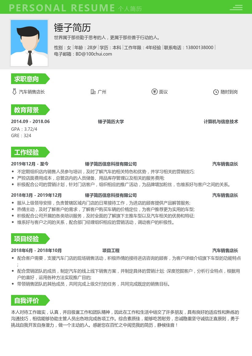 汽车销售店长简历