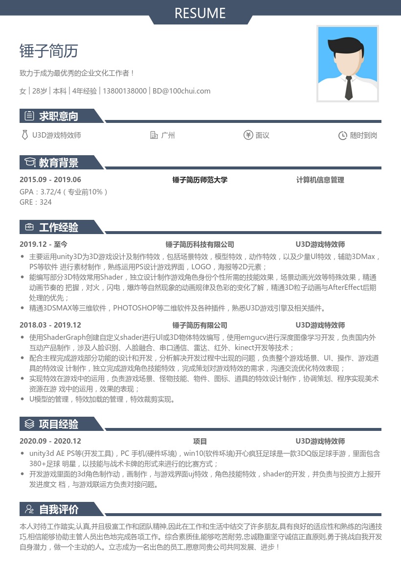 U3D游戏特效师简历