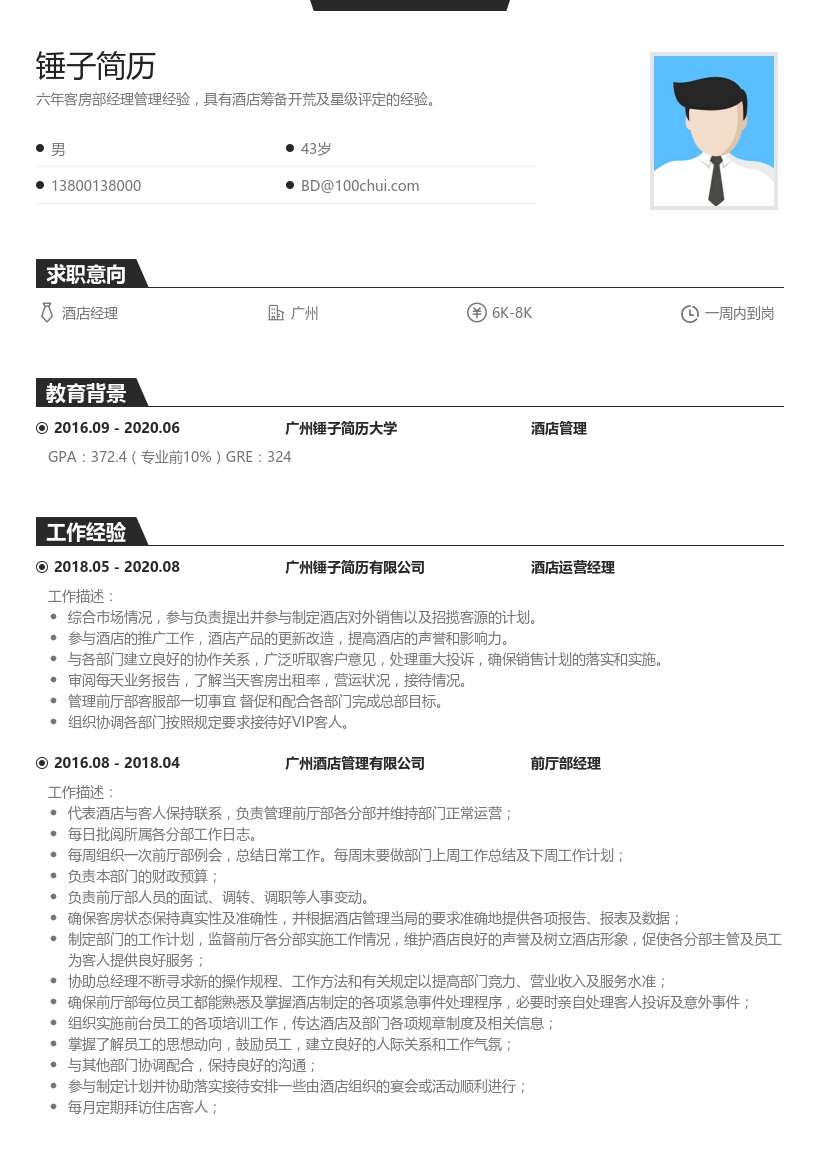 酒店经理岗位简历