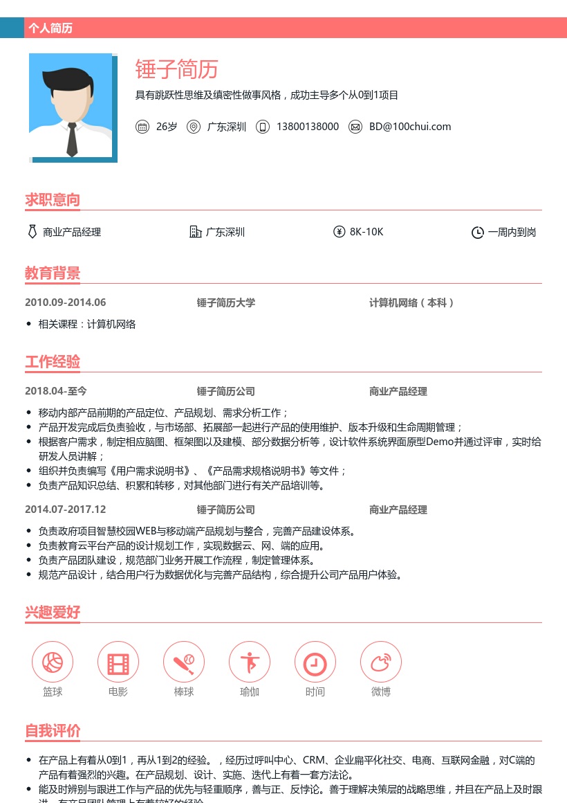商业产品经理简历模板