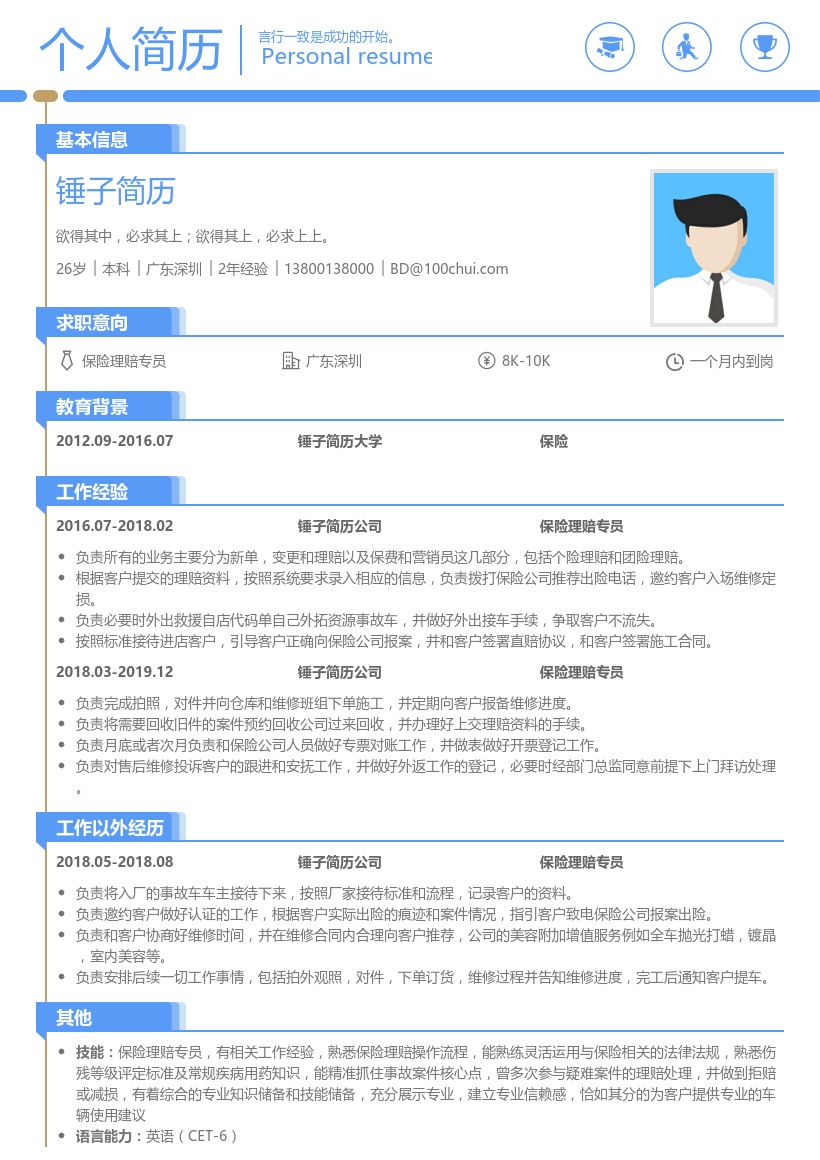 保险理赔专员简历模板