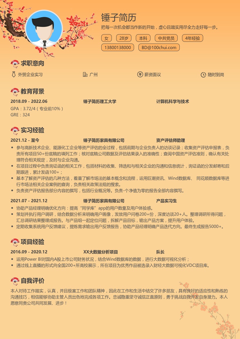 金融资产评估简历模板(实习)