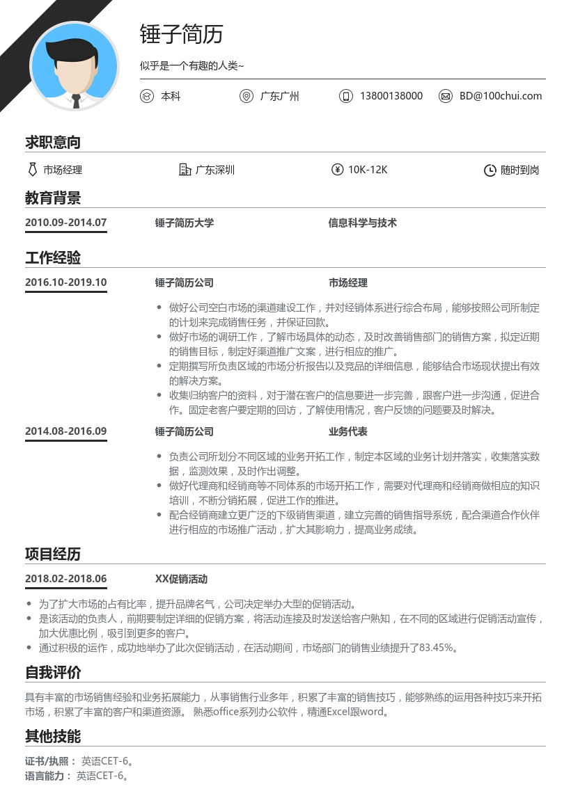 建材市场经理简历模板