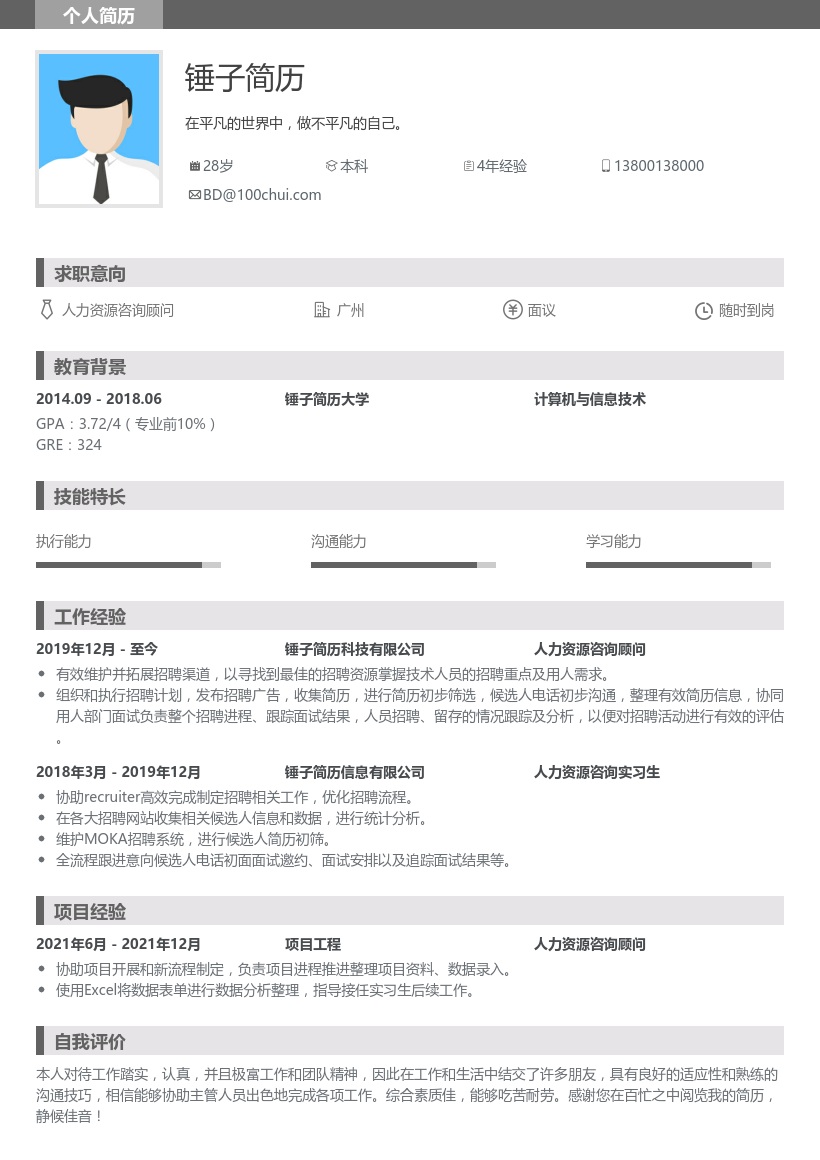 人力资源咨询实习生简历