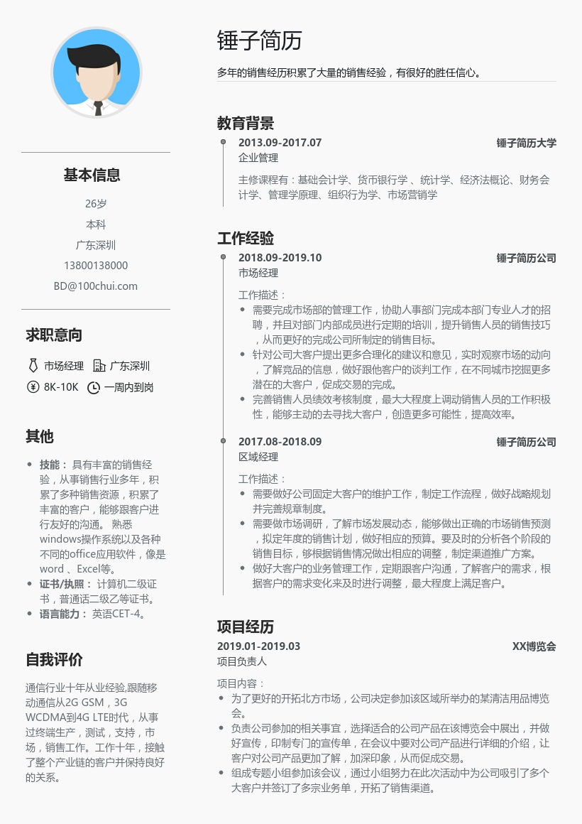 日化市场经理简历模板