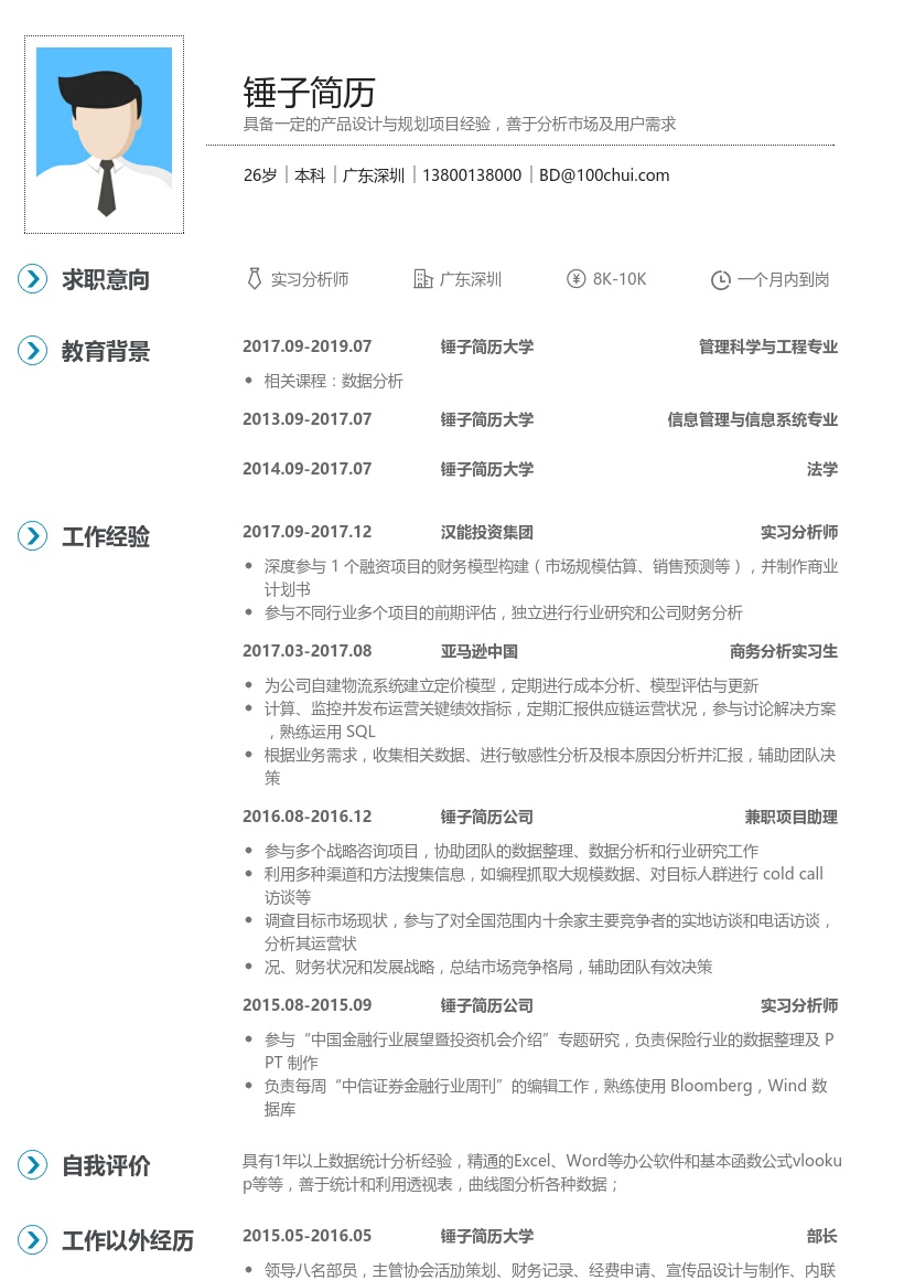 汉能投资集团实习分析师简历模板