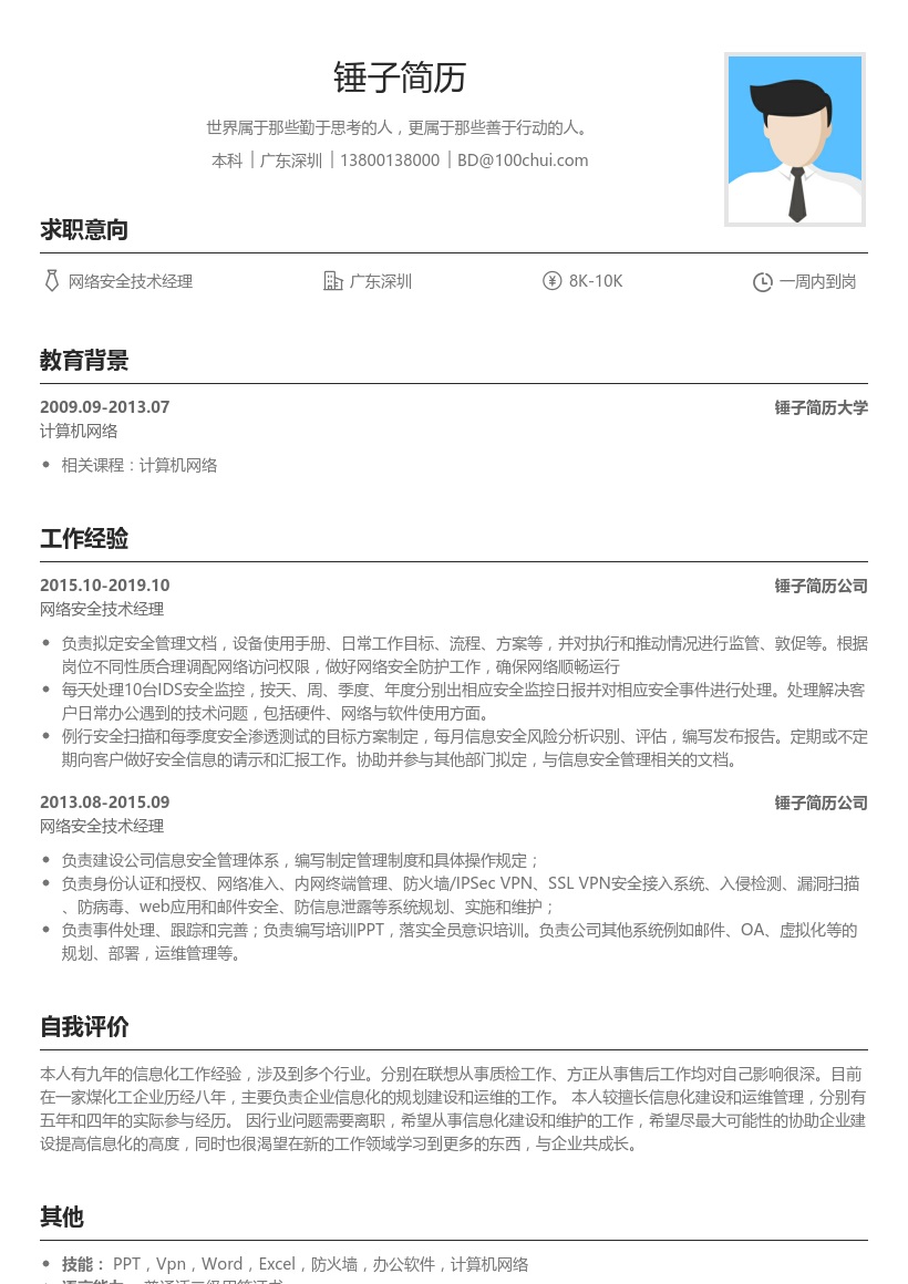 网络安全技术经理简历模板