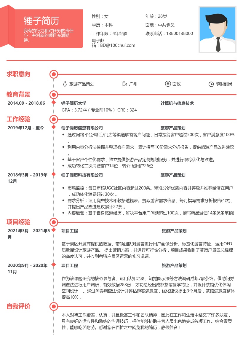 旅游产品策划简历