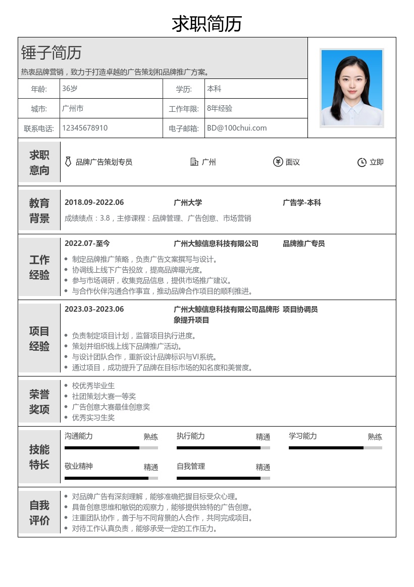 品牌/广告简历模板