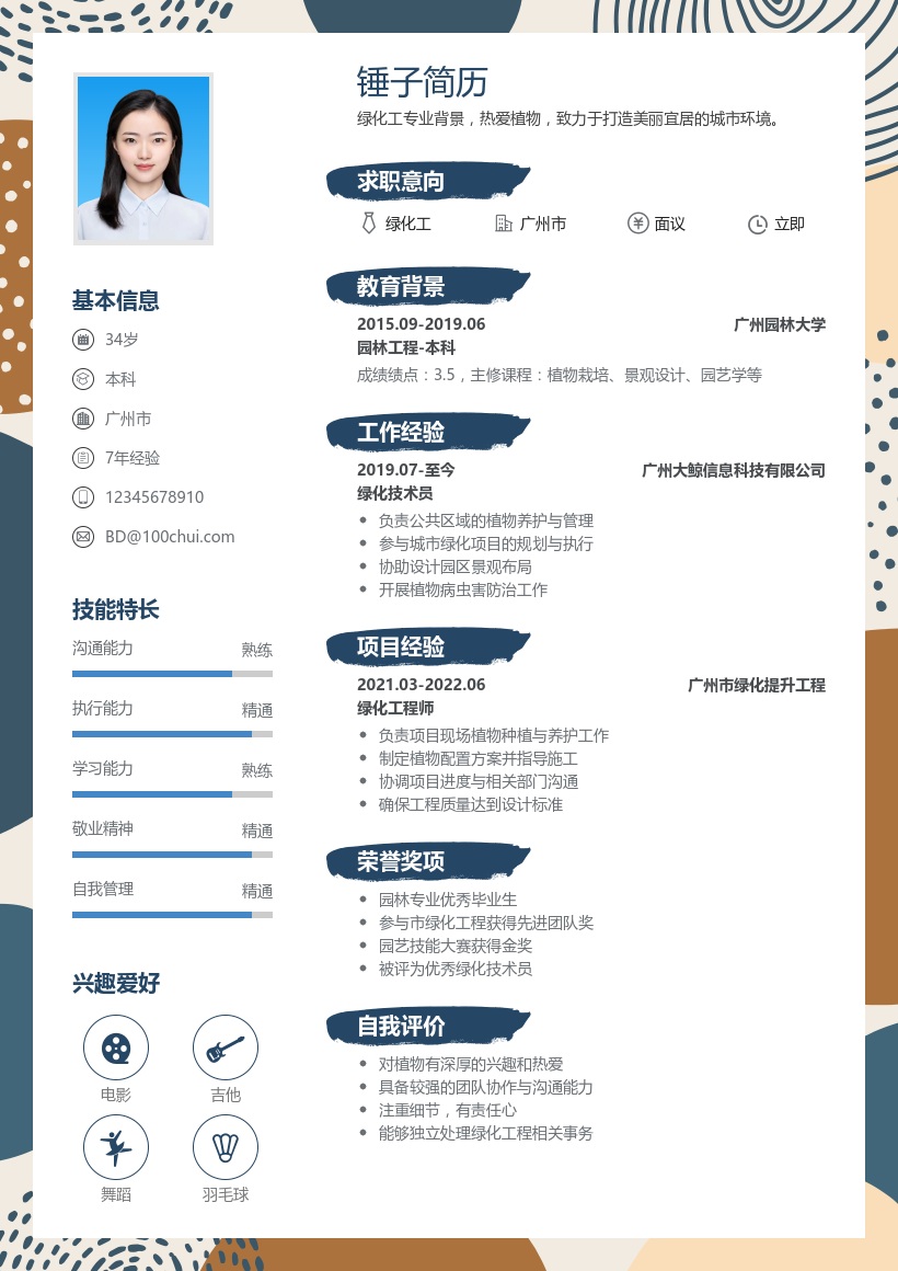 绿化工简历模板