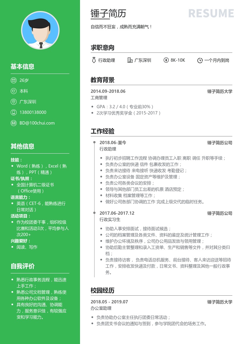 行政简历模板(突出工作经历)