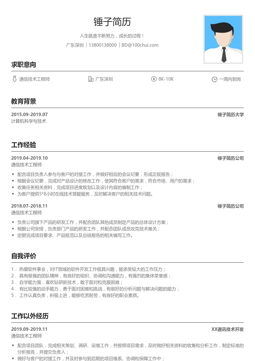通信技术工程师(适合应届毕业生)简历模板