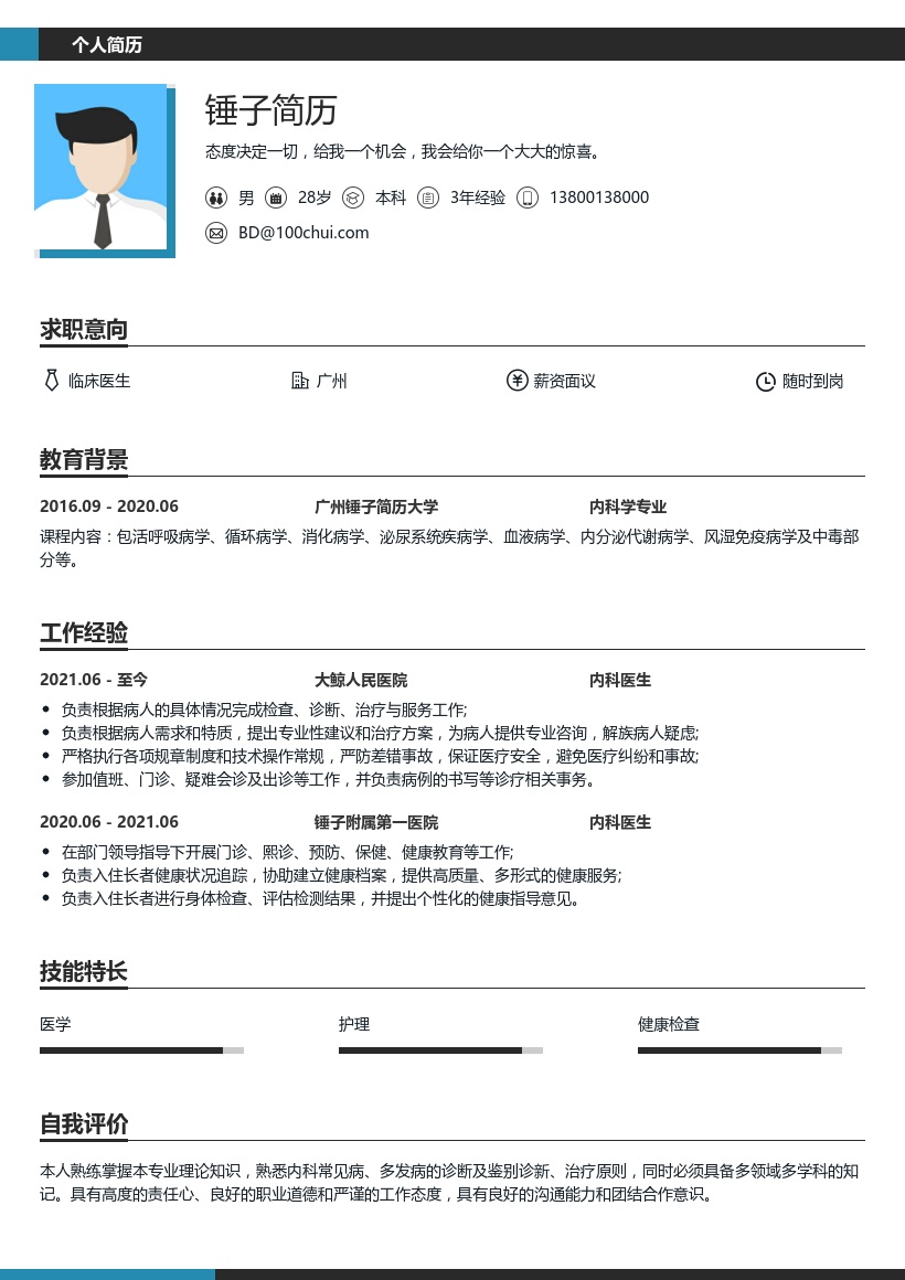 内科医生简历范文