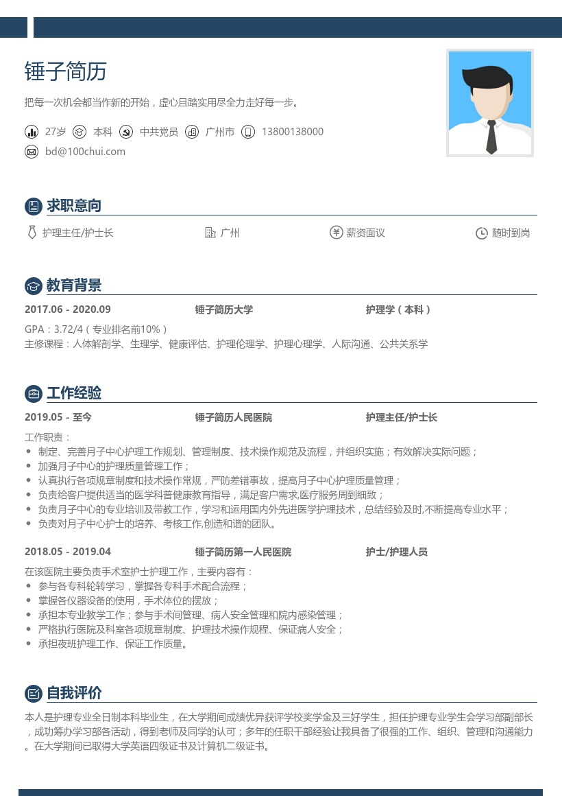 护理主任/护士长个人简历