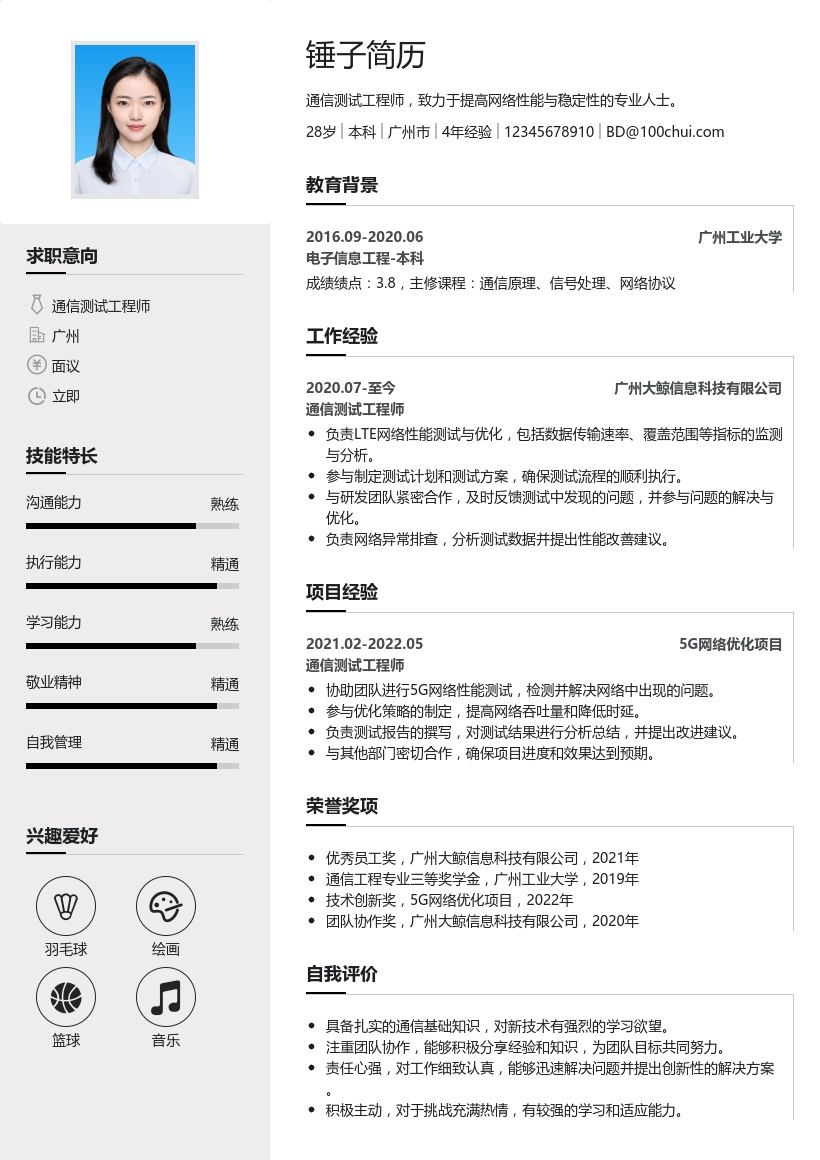 通信测试工程师简历模板
