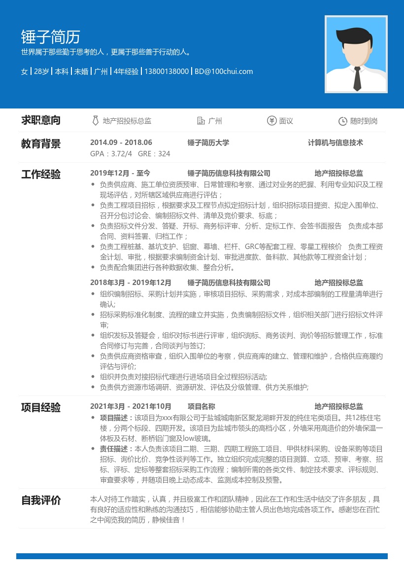 地产招标个人简历