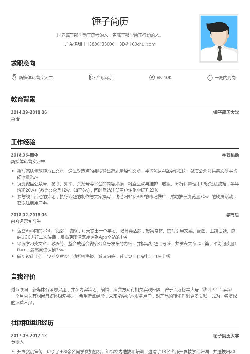 大学生求职新媒体运营简历模板