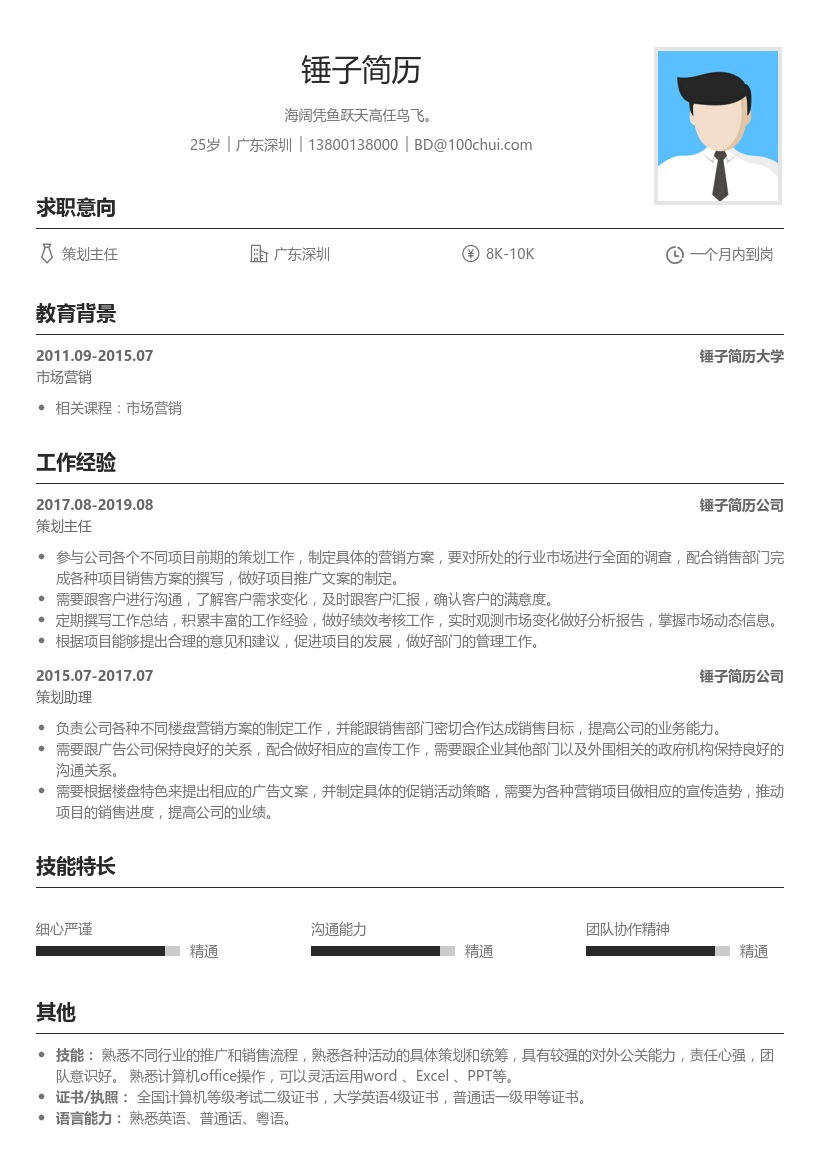 房地产策划助理简历模板