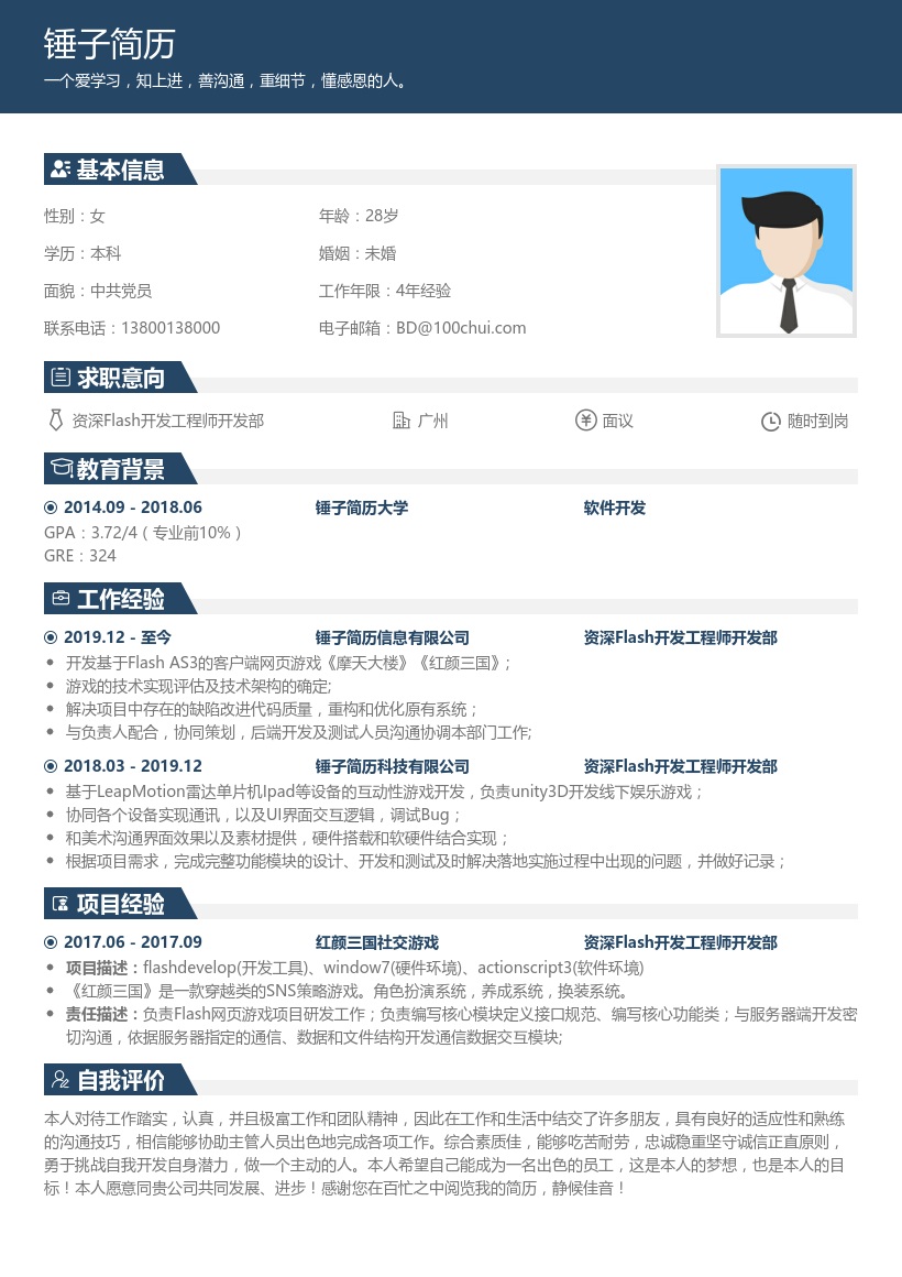 资深Flash开发工程师开发部简历