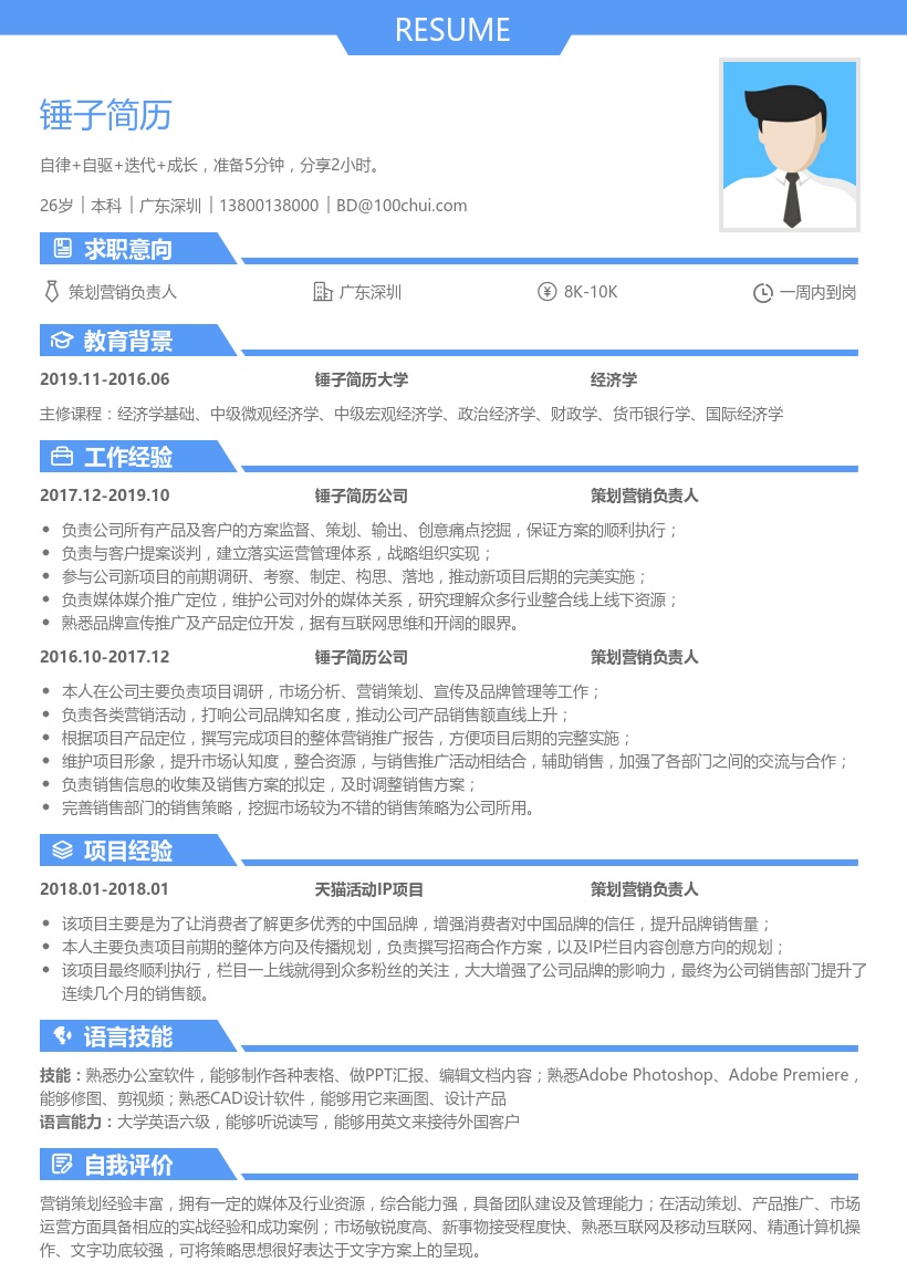 策划营销负责人简历模板