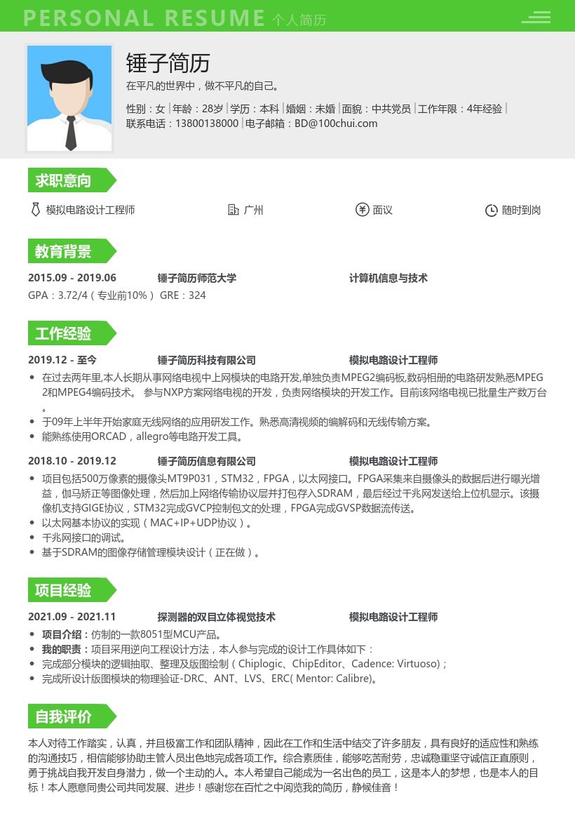 模拟电路设计工程师个人简历