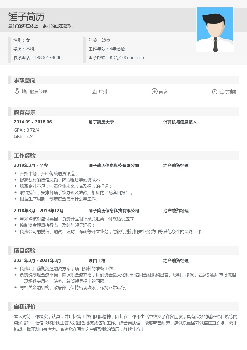 地产融资经理求职简历