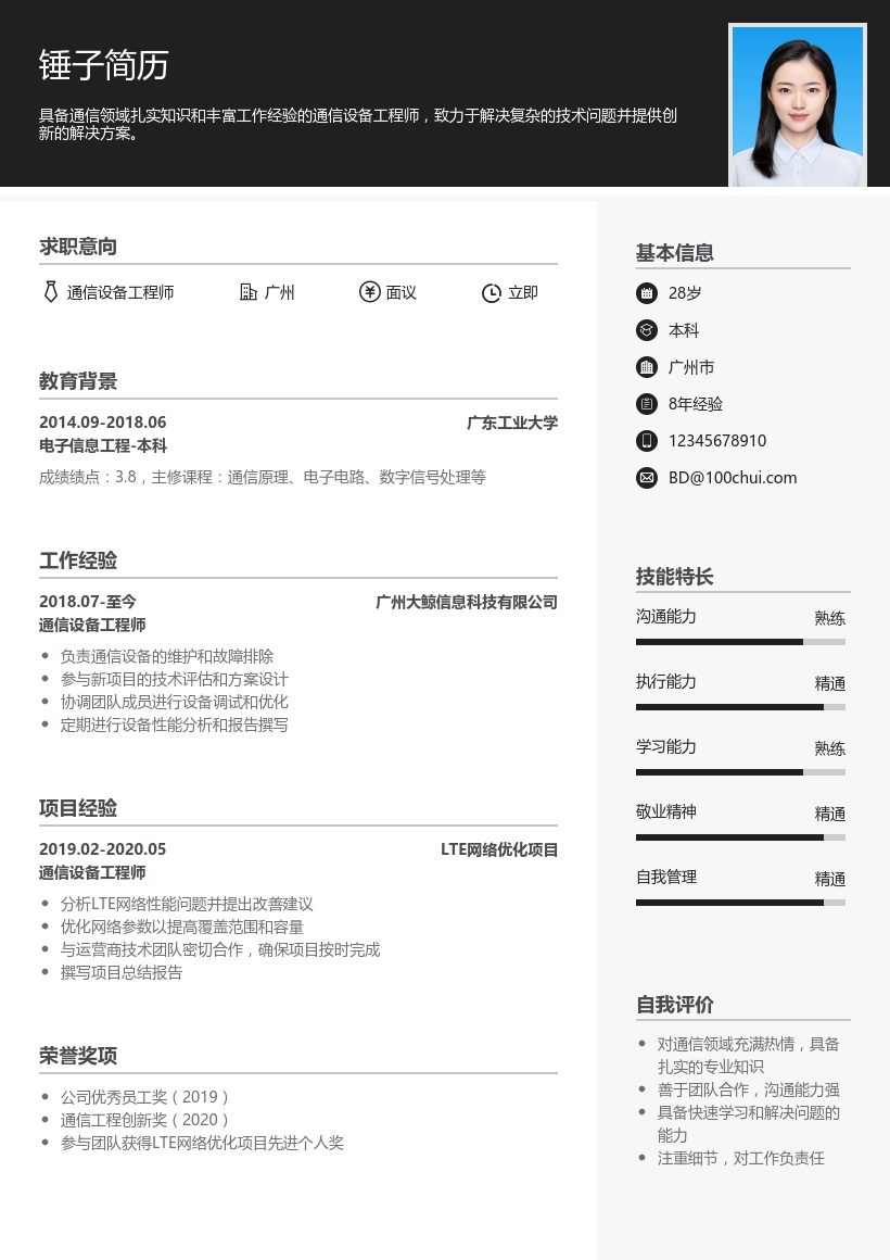 通信设备工程师简历模板