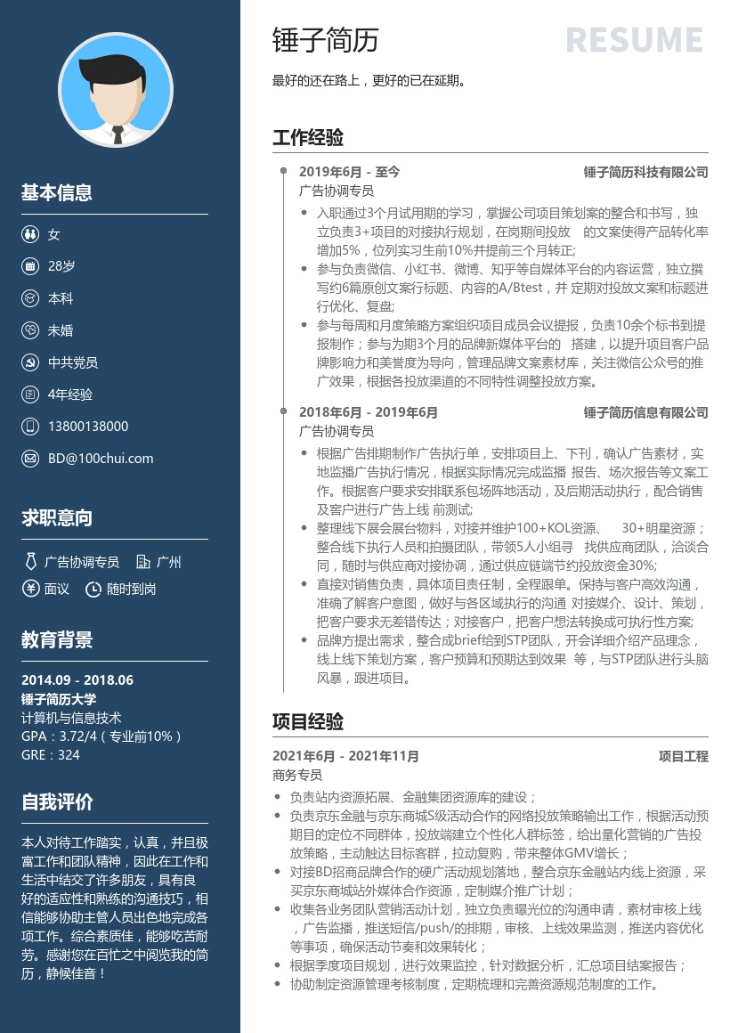 广告协调简历模板