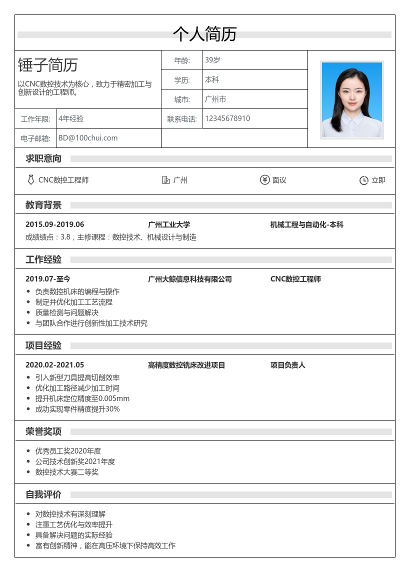 CNC/数控简历模板