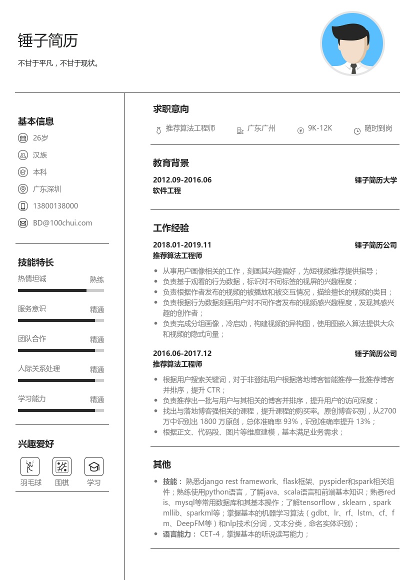 推荐算法工程师简历模板