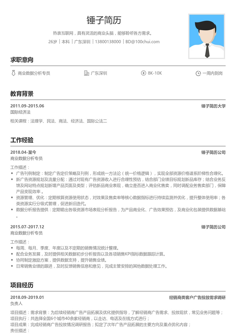 商业数据分析专员简历模板