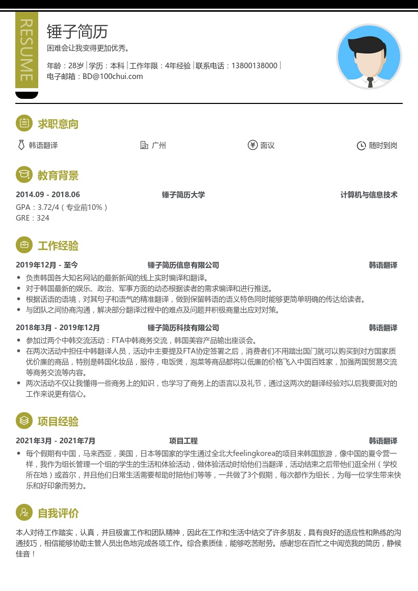 韩语翻译个人简历