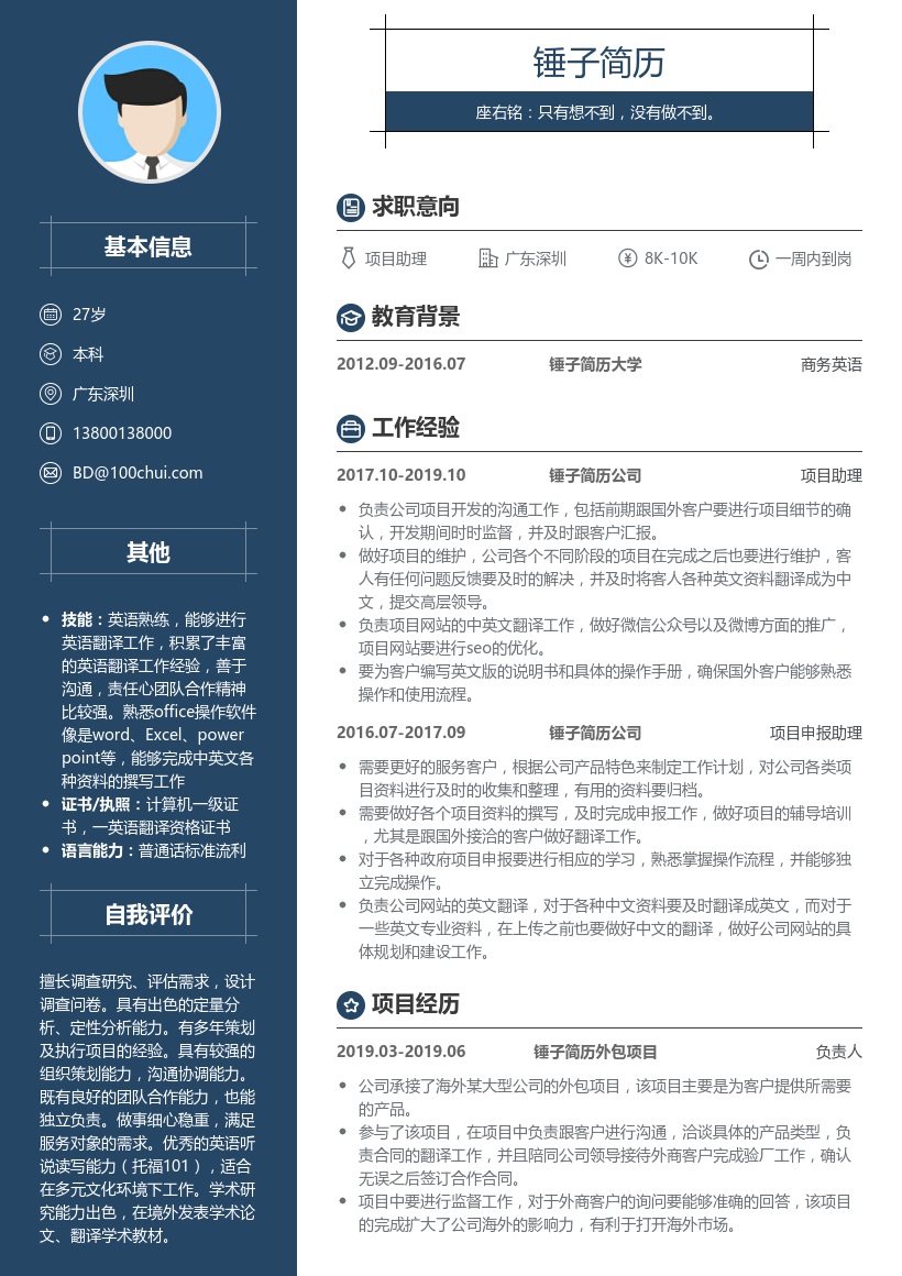 海外项目助理简历模板