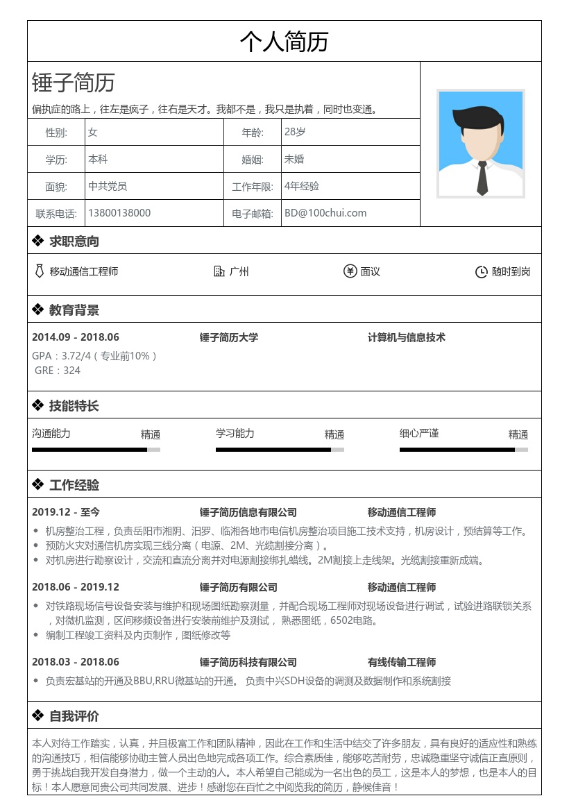 移动通信工程师求职简历