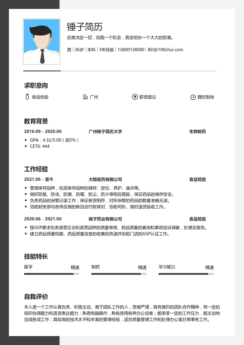 食品检验简历模板