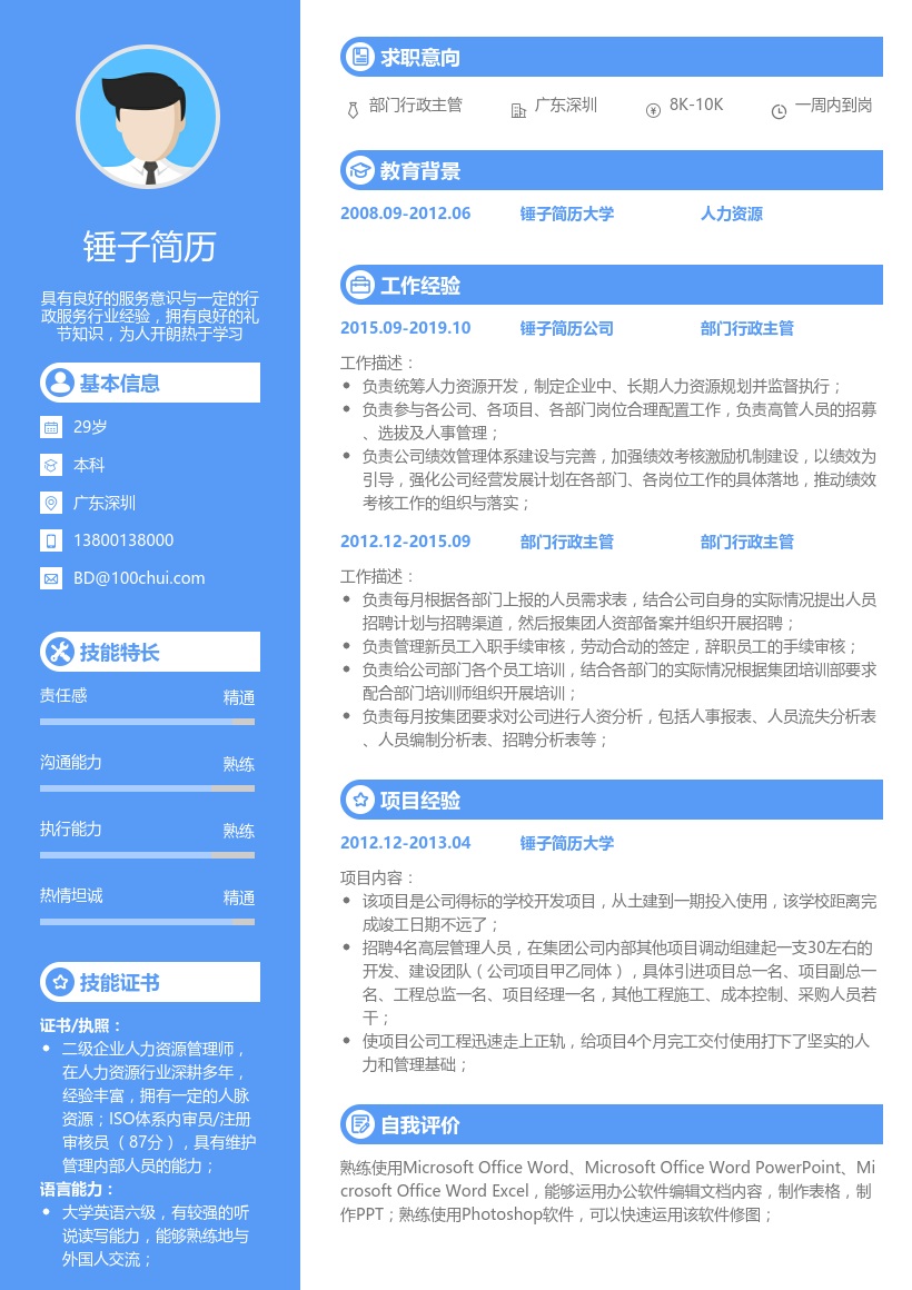 部门行政主管简历模板