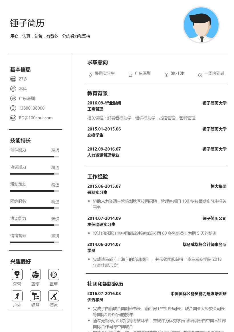 恒大集团暑期实习生简历模板