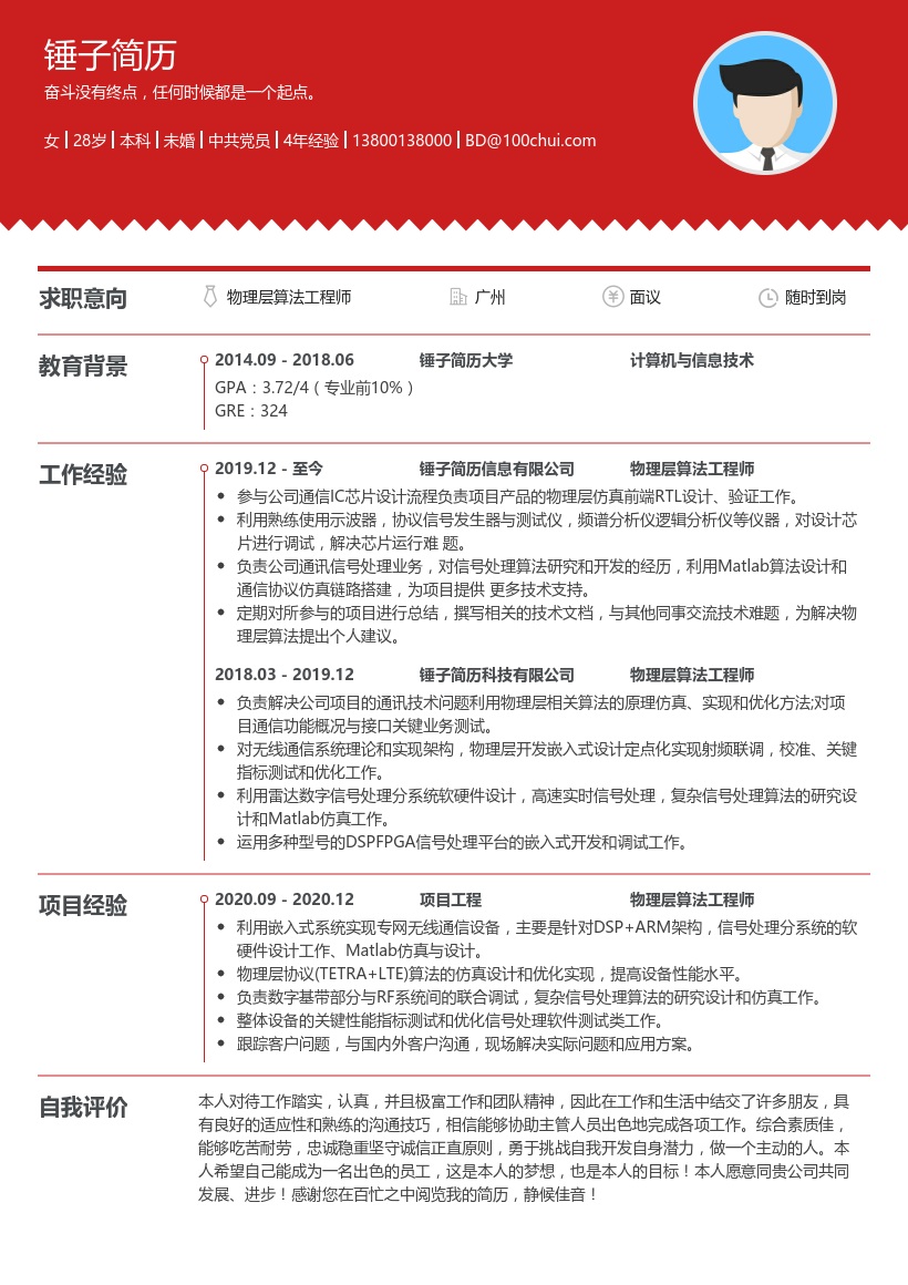 物理层算法工程师简历