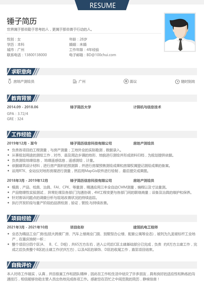 房地产测绘员简历