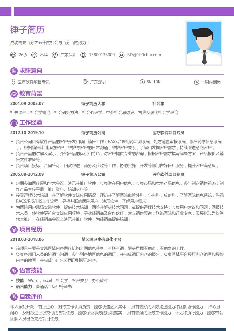 医疗软件项目专员简历模板