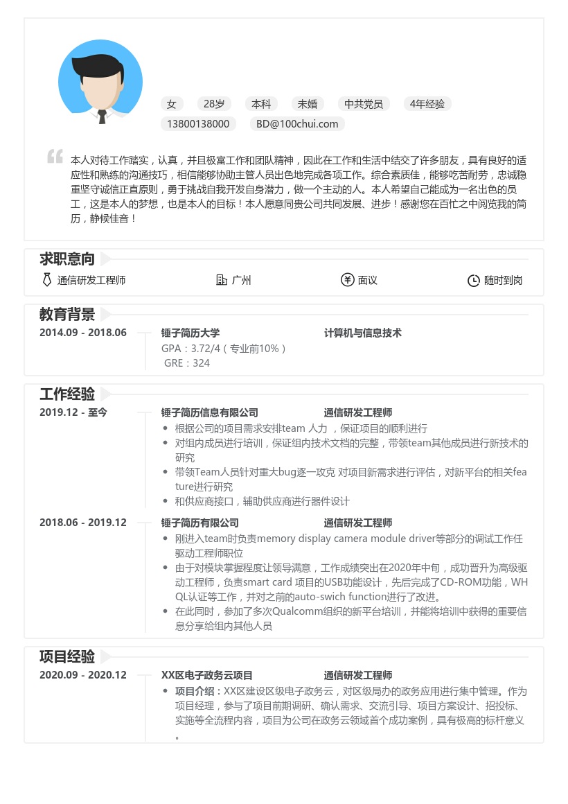 通信研发工程师简历