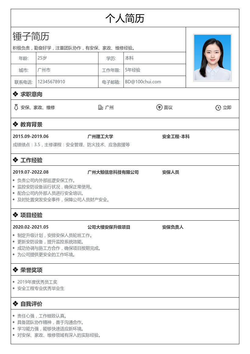 安保/家政/维修简历模板