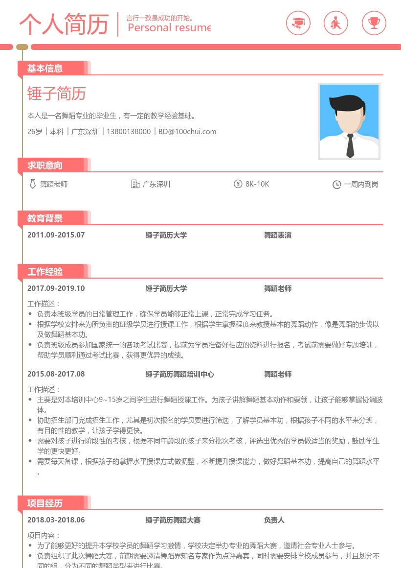 舞蹈艺术教师简历模板